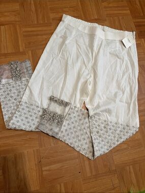 Embroidered White Cotton Blend Pants with Silver Trim